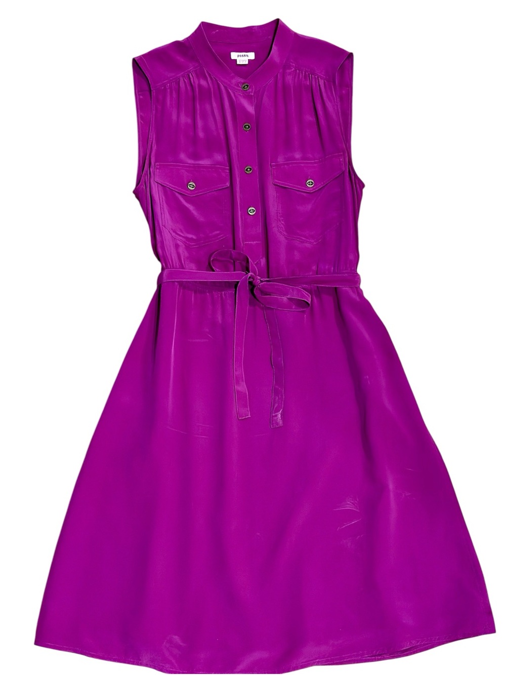 💖Vintage sleeveless 100% Silk utility shirtdress in vibrant fuchsia pink S🌸